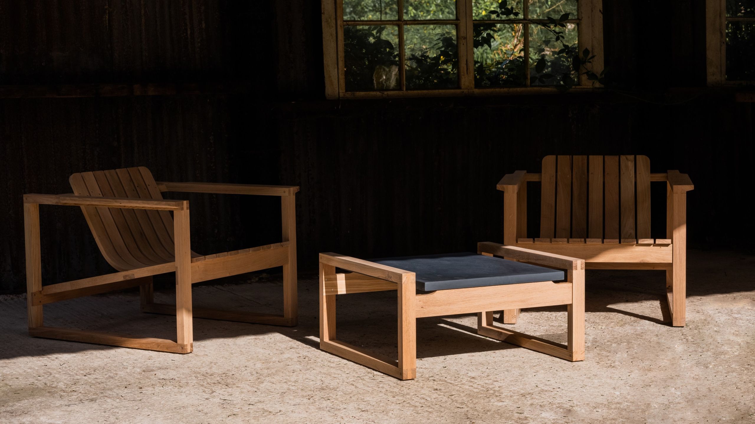 Oak steam bent Huers Chairs Set of Huers Chairs both single and long with Huers table