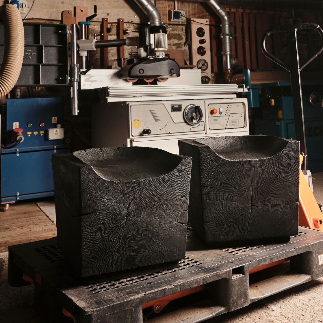 Oak cube seating in workshop