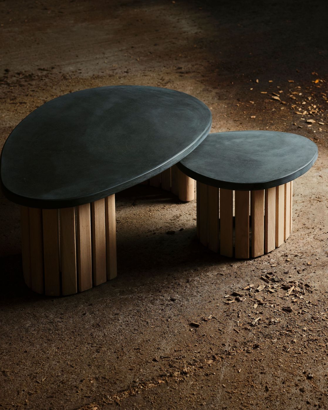 Pair of oak and slate garden coffee table