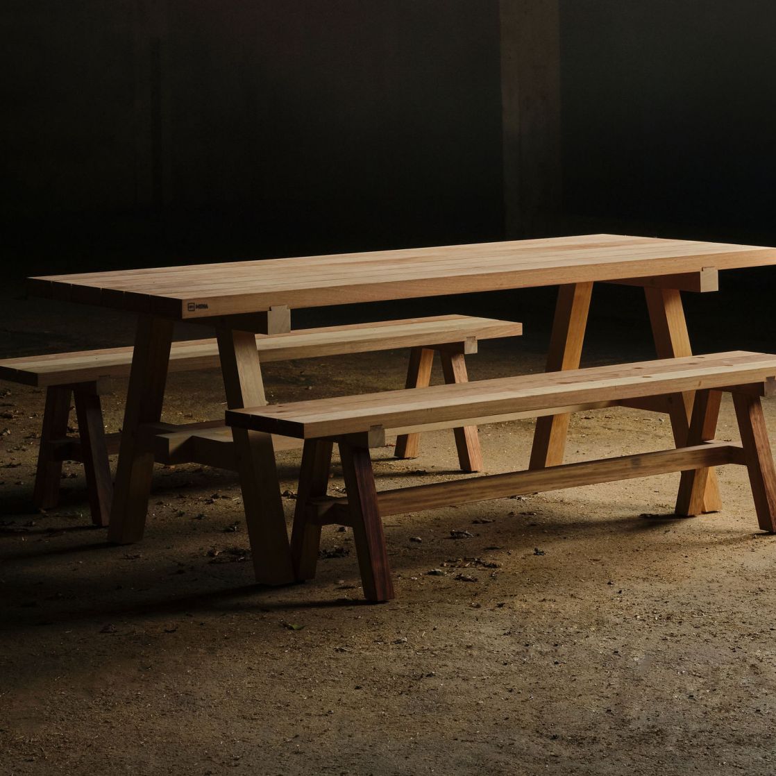 Prenn Table and Benches in Iroko - for outdoor use