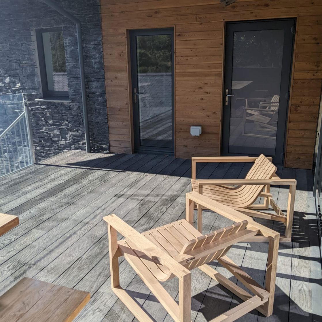 Steam bent oak chairs on patio