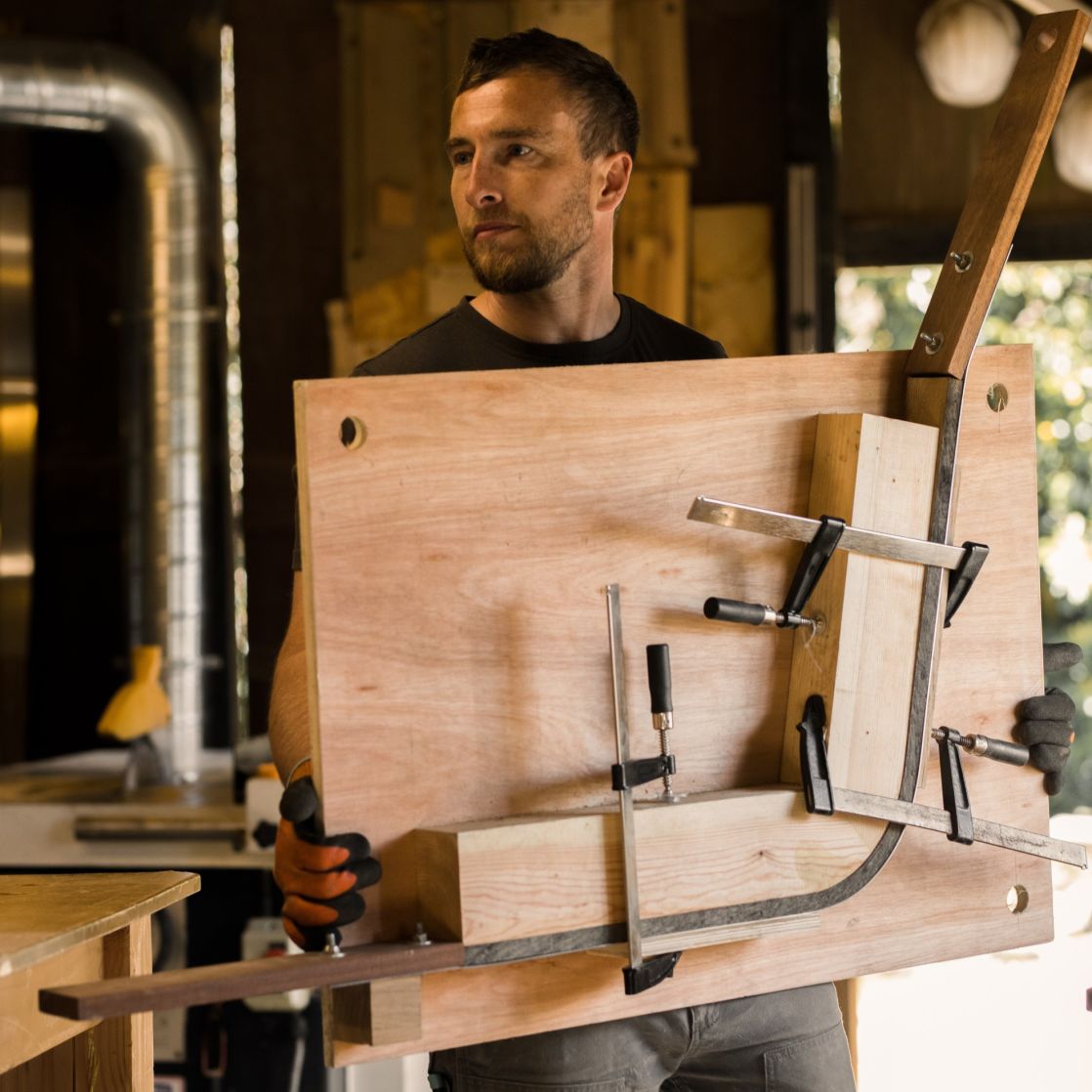 Steam bending jig shaping oak slat